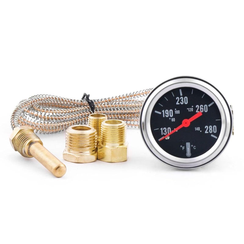 Dyno Racing مقياس حرارة ميكانيكي للماء 2" 52 مم 12 فولت مع مؤشر (50-140℃، 130-280℉)، عداد سيارة بإضاءة صفراء مع حساس NPT 1/2، NPT 3/8، NPT 1/4، طول سلك 1.8 متر - Image 1